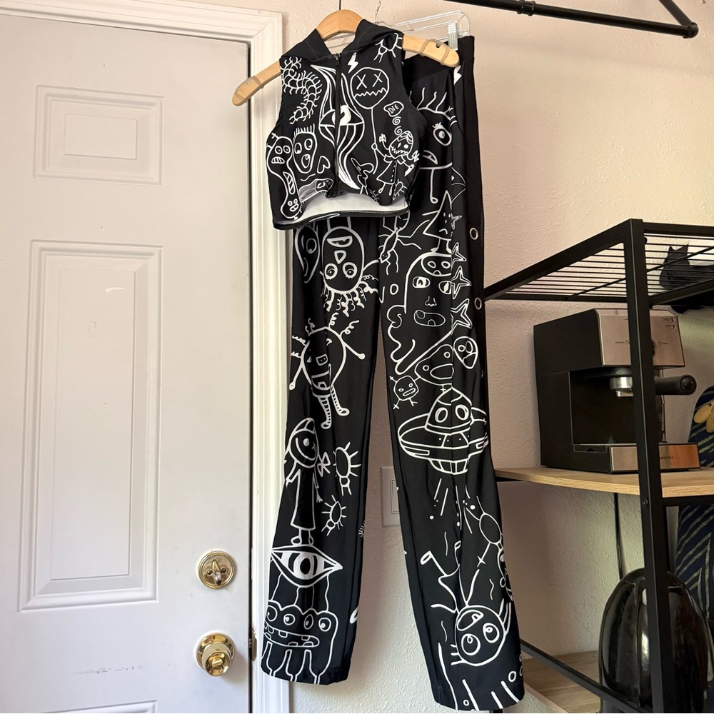 Black Graphic Print Lounge Jumpsuit Set